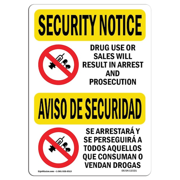 OSHA Security Sign, 3.5" Height, 5" Width, Drug Use Or Sales Bilingual, Landscape, 10PK